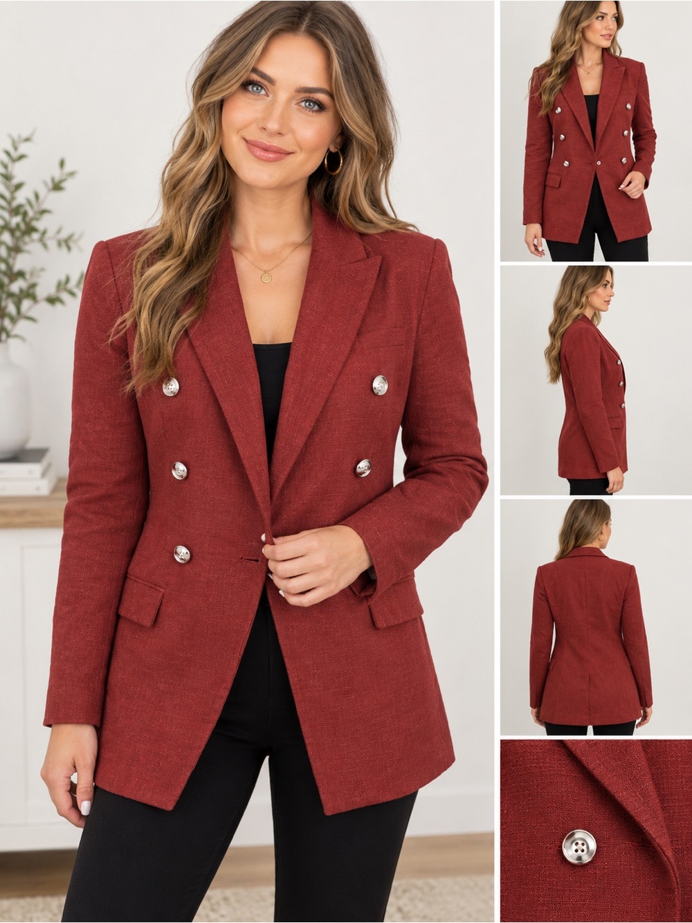 Nine West Double-Breasted Brick Red Blazer - Faux Linen Look in Medium
